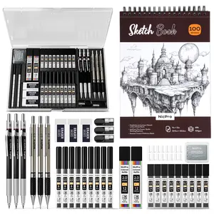 Nicpro Graphite Art Drawing Supplies Kit - Metal Mechanical Pencils (0.5, 0.7, 0.9, 2mm) with Metal Parts, 288PCS Leads, Eraser, 100-Sheet 9x12 Sketchbook, Office & School Stationery for Artists Teens