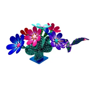 Cactus Alebrije Wood Carved Sculpture with Hummingbird, Prickly Pear Cactus, Flowers, Mexican Artisanal Home Decor