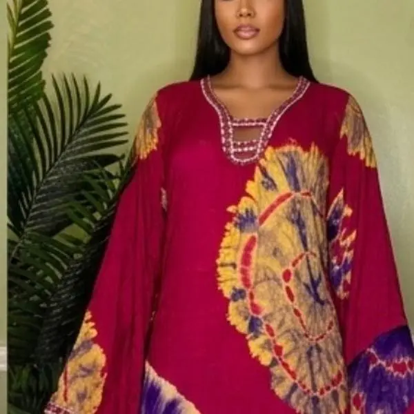 MAKD by Satousha Women's Ayaan Batik Maxi Dress - Elegant Flowing Gown with Long Bell Sleeves for Eid, Casual Wear (Emphasizes Elegance), Long Sleeve, Traditional, Modest, Ramadan, Piece, All Seasons, Refined Neck, Flowing Silhouette, Fit & Flare, Daily