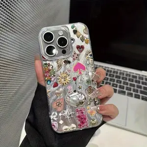 Studded Rhinestone Patchwork Phone Case, Soft Shell Protection Cover for iPhone 17, 16pro, 15, 14, 13, 12, 11 Pro Max, Gift for Friends or Partner, Accessories