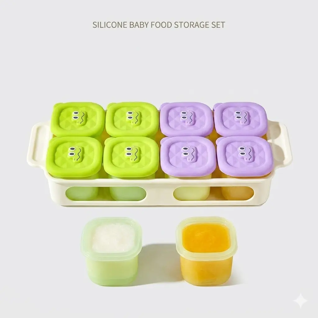Square Food Storage Containers, set of 4 50ml mini units with sealed lids and matching plastic tray, for storing condiments, puree and small snacks for daily kitchen fridge organization