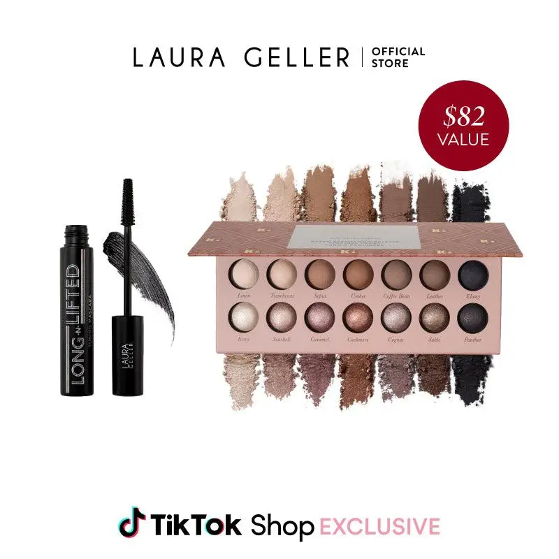 Laura Geller Eye-Opening Tubing Mascara + Eyeshadow Duo 2PC Long-n-Lifted Mascara & 14 Baked Eyeshadows for Effortless Everyday Looks - Lash, Makeup, Daily Makeup Kit