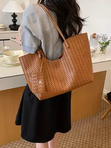 2026 New Vintage Woven Large Capacity Tote Bag, Includes Coin Purse, Commute Shoulder Bag, Lazy Style Office Handbag, Weekender Tote Bag, Casual Office Handbag