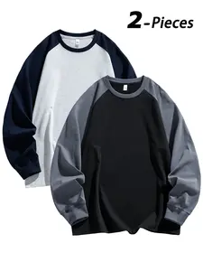 Men's Colorblock Long Sleeve T-Shirt, Casual Classic Fashion Tee for All Seasons, Fitted American Style Round Neck Sporty Base Layer, Tops