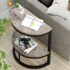 LITTLE TREE 2-Tier End Table Semi Circle, Small Half Round Side Table with Storage Shelf, Wood Accent Table Slim C Table for Sofa Couch, Living Room, Bedroom, Small Space, Easy Assembly