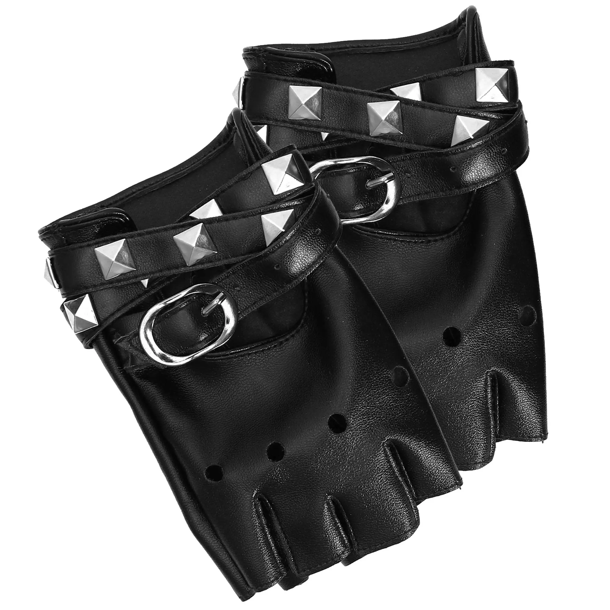 Punk Style Half Finger PU Leather Gloves, Fashionable Studded Decor Gloves with Buckle Closure, Sports & Outdoor Accessories for Women