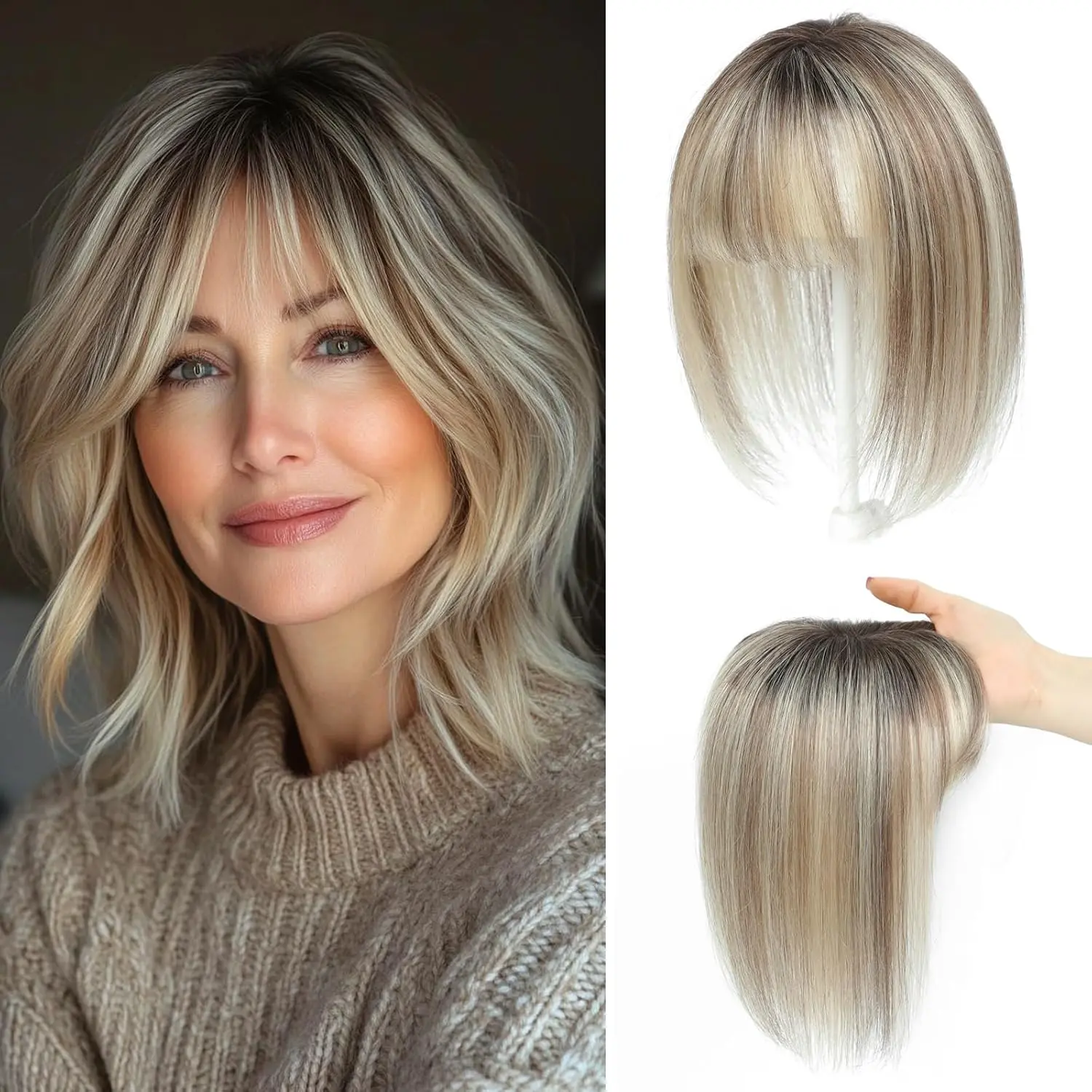 Hair Toppers for Women Real Human Hair，Hair Toppers with Bangs，10inch, Work, Straight Hair, Thin Hair