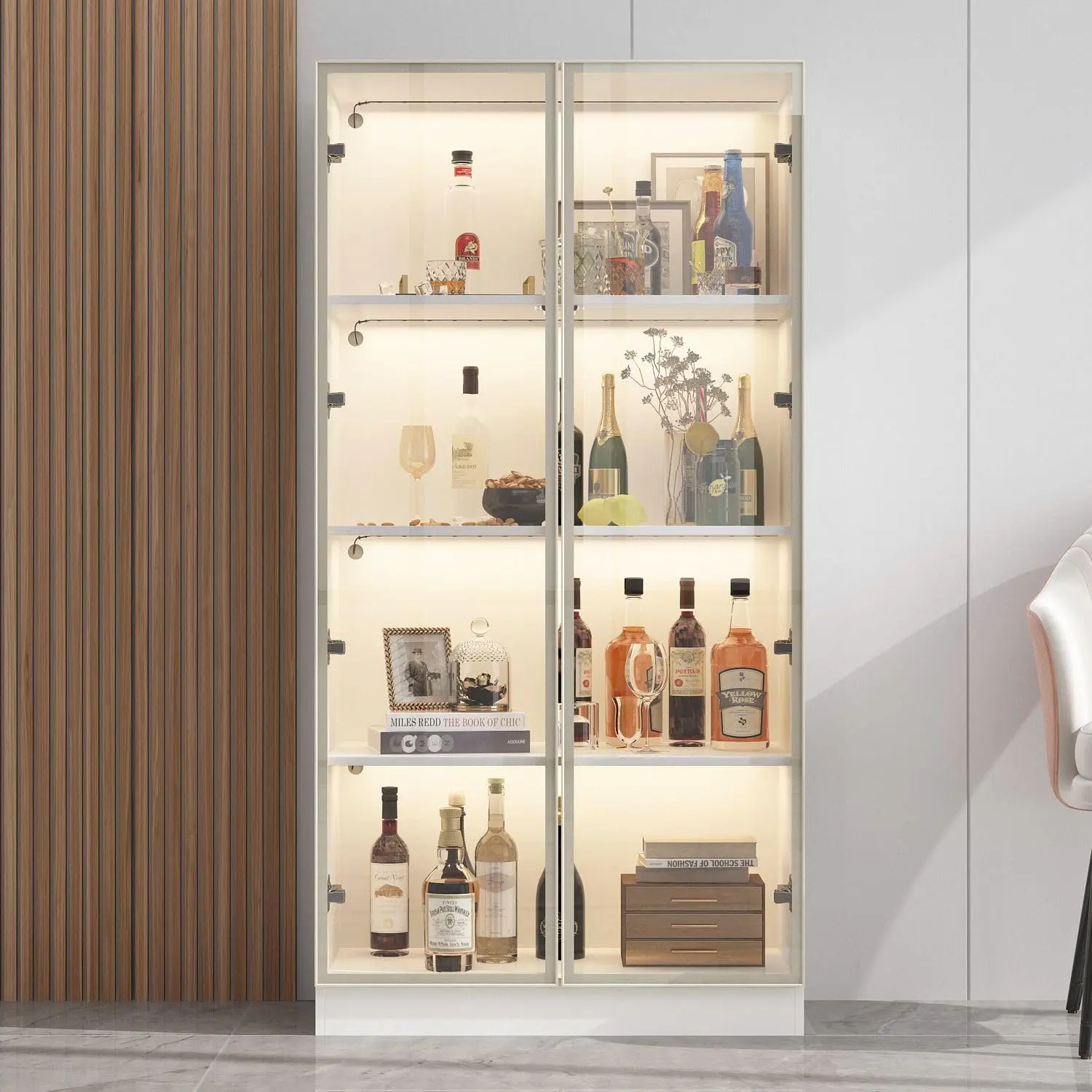 FUFU&GAGA Modern Furniture Interior Display Cabinet with Glass Doors, Lights, 4-Tier Storage Shelves, Pop-up Design, White & Champagne Gold Trophy Cabinet, Aesthetic