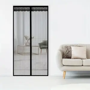 1pc Black Magnetic Door Curtain, Striped Lace Design, Mosquito Proof And Breathable Screen Door, Suitable For Decorating Living Room, Bedroom, Kitchen Door Curtains, Pet Friendly, Easy To Install