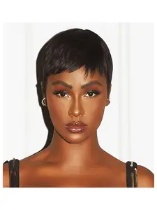Women's Short Straight Human Hair Wig, 180% Density, Natural Look, Machine Made, No Glue Needed, Daily & Special Occasions, Real Hair Wigs