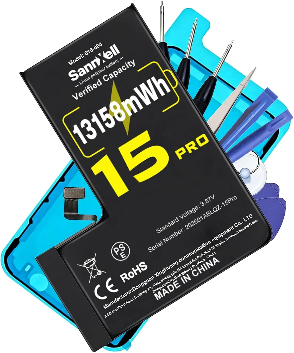 Upgraded High Capacity 13158mWh 0 Cycle Li-Ion Battery for iPhone 15 Pro, Ultra Long Lasting Li-ion Battery Replacement A2848, A3101, A3102, A3103, A3104 Model with Full Repair Tool Kit