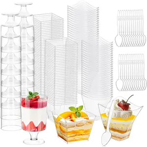 300 Packs 4oz Dessert Cups with Spoons, 3 Styles Mini Plastic Appetizer Cups, Clear Parfait Cup for Party, Cake Cups for Tiramisu, Pudding, Snacks, Yogurt, Fruits, Mousse