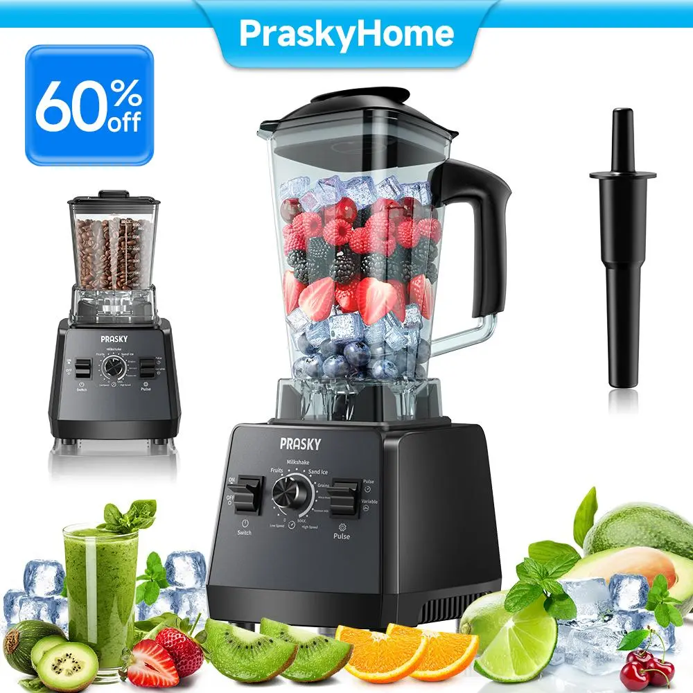Prasky Professional Blender,Smoothies Blenders, PRASKY Max.2400Watts/1000Watts Blender and Grinder Combo 25000RPM Powerful Kitchen Blender 68oz BPA Free 2 Containers Countertop Blenders Ice Crushing, Juice