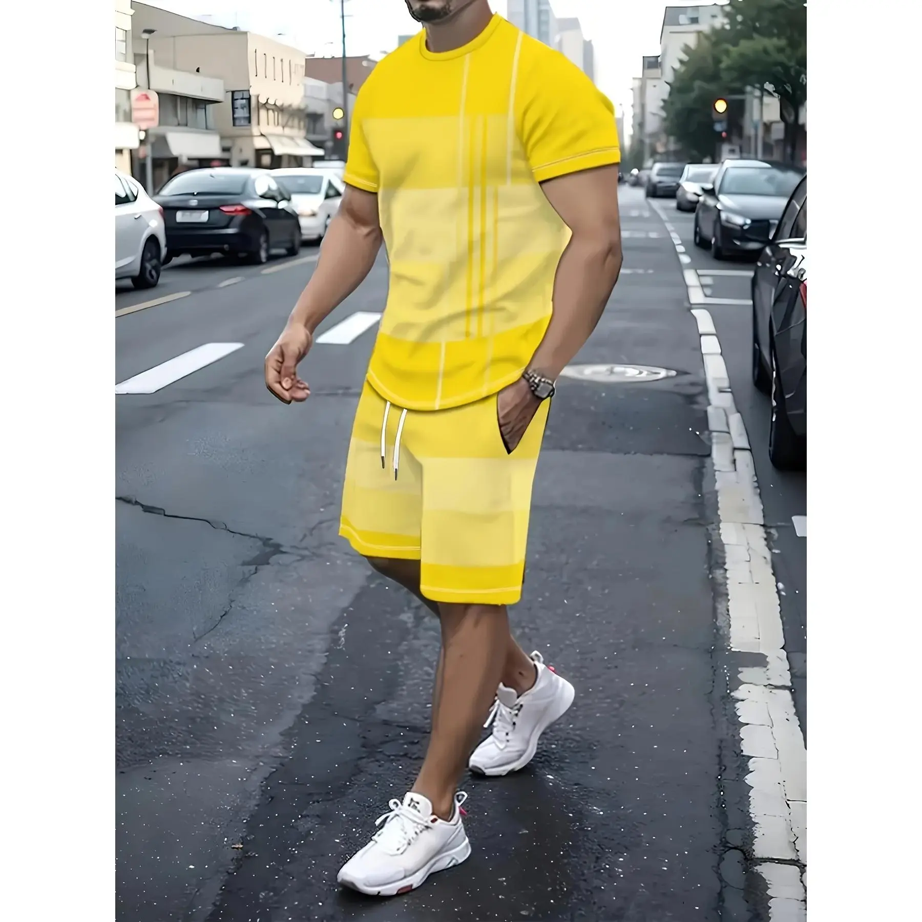 Men's 2pcs Yellow and White Checkered Casual Summer Outfit Set, Short Sleeve T-Shirt & Shorts with Pockets, Lightweight Stretchable Polyester Breathable Men's Sportswear, Ideal for Hiking/Light Outdoor Activities, Matching Activewear Set, Shortsleeve