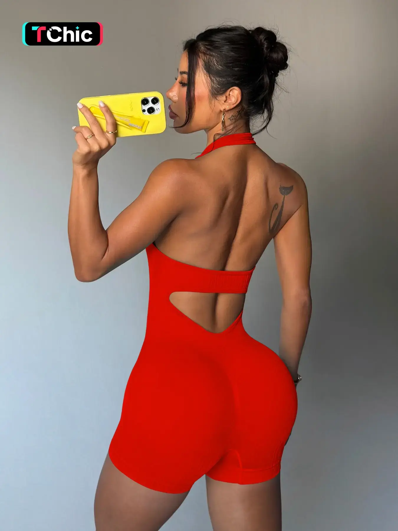 Women's Summer Halter Backless U-Neck Sporty Chic Jumpsuit, High Elastic Yoga Shorts, Casual Workout, Fashion One-Piece Fitness Wear, Stretchy Sports Jumpsuit