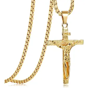 FLORIDECO Stainless Steel Jesus Cross Pendant Necklace for Men 61cm Venice Chain Silver Gold Black Religious Jewelry Gift