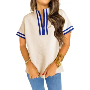 Women's Beige Preppy Colorblock Short Sleeve Top with Striped Trim and Quarter Zipper