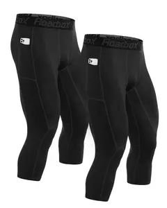 Roadbox 2 Pack Men's 3/4 Compression Pants, Athletic Basketball Workout Tights Leggings, Sport Running Spandex Base Layer