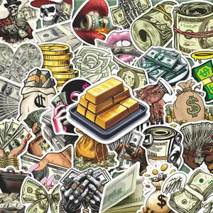 50Pcs Money Stickers Pack, Waterproof Hip Hop Cash & Gold Bar Vinyl Decals for Laptop, Water Bottle, Journal & Scrapbook, Hustler Gift