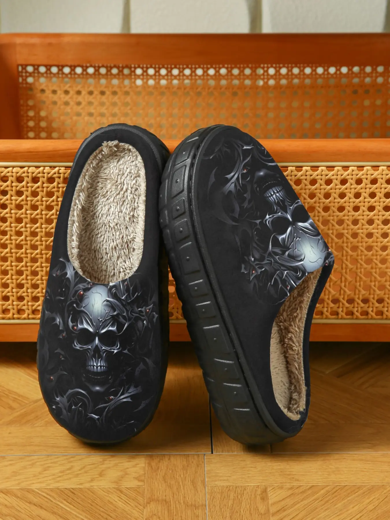 ✨1 Pair Dark Skull Carved Fuzzy House Shoes Slippers - Trendy Dark Style Footwear, Plush Lined & Soft Cushioning, Perfect for Dark Style Enthusiasts & Trendy Youths in Winter Home Wear🔥
