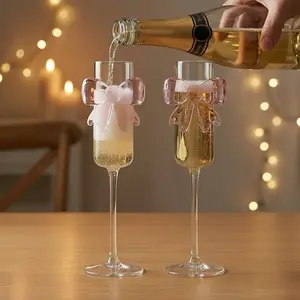 2-Piece Pink Bow Champagne Wine Glass Set, Transparent Aesthetic High Borosilicate Drinkware, Lightweight & Stylish Romantic Valentine’s Home Festive Party Supplies