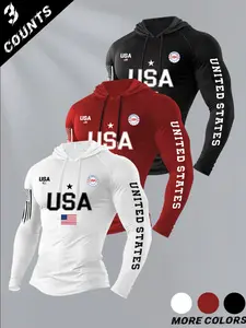Men's Classic 3-Piece Set Letter Flag Print Hooded Long Sleeve T-Shirt, Casual Fitted Top for Fall & Winter Gym Wear Athletic Hooded Shirts