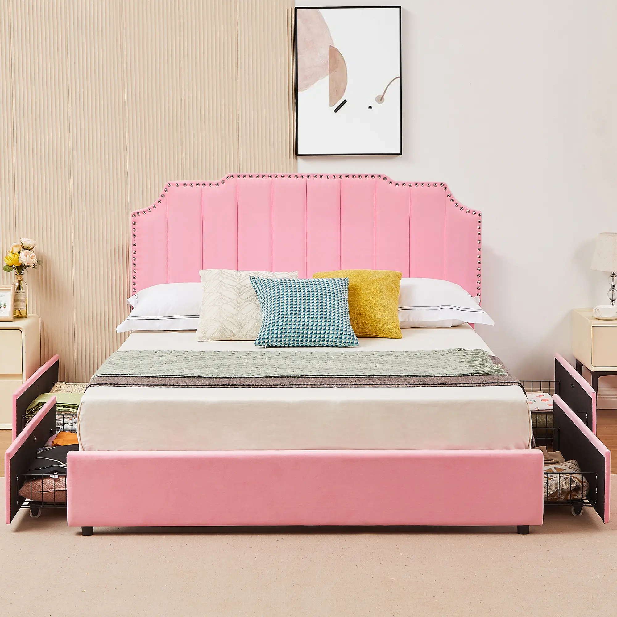VECELO Upholstered Queen Height-Adjustable Metal-Wood Platform Bed Frame with 4 Storage Drawers, Headboard, Strip-Sewn Rivet Tufting, Wood Slat Mattress Base, Fire Safety Label, No Box Spring Required (Dark Gray/Pink)