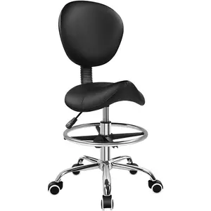 KKTONER Black Saddle Drafting Chair with Back Swivel Office Chair with Footrest Height Adjustable for Work Home Computer Task Stool Chair with Wheels