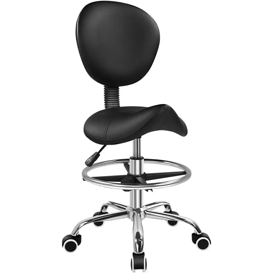 KKTONER Black Saddle Drafting Chair with Back Swivel Office Chair with Footrest Height Adjustable for Work Home Computer Task Stool Chair with Wheels