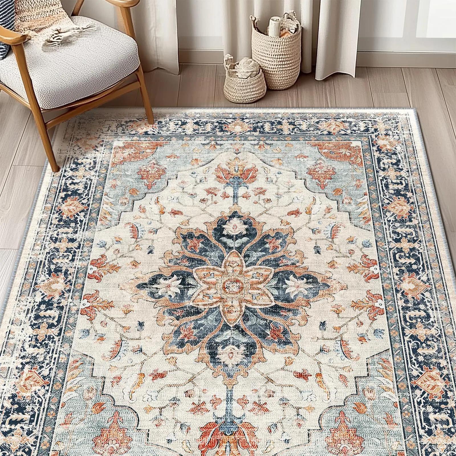 BESTSWEETIE Bohemian Style Cozy Area Rug - Machine Washable Soft Faux Wool Non-Slip Distressed Print Lint-Free Dirt Slides Off - Aesthetic Home Decor Living Room Rugs for Bedroom Farmhouse Dorm - Easy Maintenance Various Sizes Colors