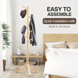 Coat Rack Sturdy Wooden Coat Rack Stand, Adjustable Coat Tree, Free Standing Tree Hanger with 4 Sections & 8 Hooks, for Home/Bedroom/Office/Hallway/Entryway