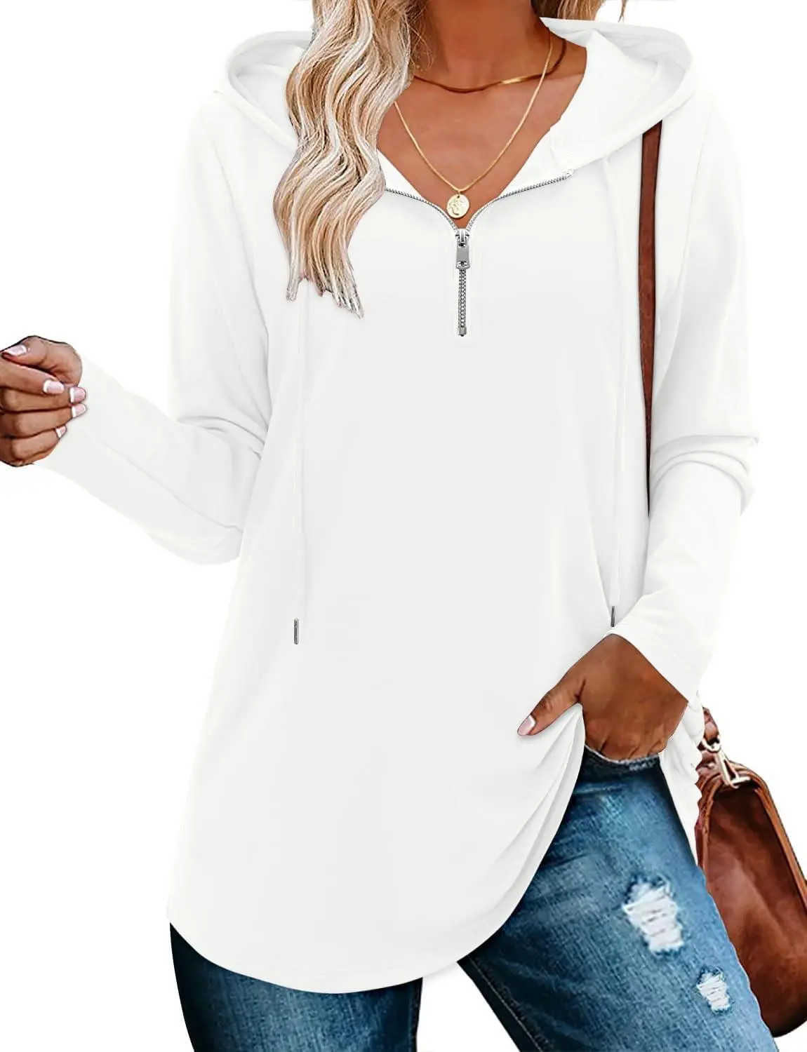 ONLYSHE Women's Quarter-Zip Hooded Sweatshirt, Casual Tunic Pullover with Pockets, Relaxed Fit Cotton Blend