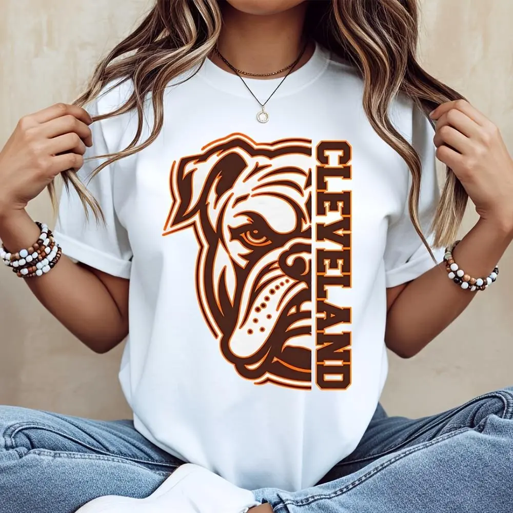 Cleveland Bulldog Graphic Print T-Shirt, Sports Team Fan Apparel, Casual Daily Wear Game Day Outfit