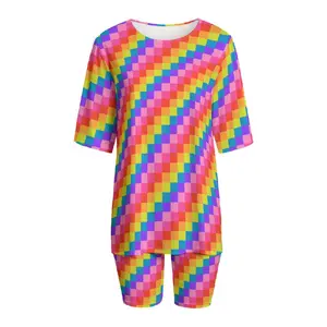 Rainbow Checkerboard Lounge Set | Colorful Matching Biker Short Outfit | Plus Size Friendly Womenswear Clothes