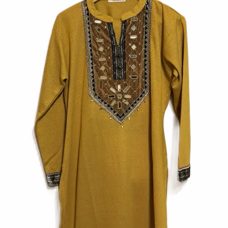 Women's Mustard Yellow Suit with Embroidered Detailing and Long Sleeves for Elegant Occasions