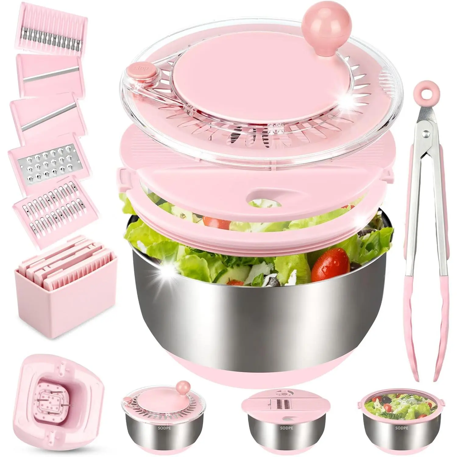 Blush Pink 5.3Qt Auto-Spinning Stainless Steel Salad Spinner - 3-in-1 Kitchen Utensil with 5-Blade Slicer, Lettuce Washer-Dryer, Veggie Fruit Chopper Bowl, Egg Yolk Strainer for Daily Use & Meal Prep, 3-In-1 Functionality, Vegetable Fruit Chopper Bowl