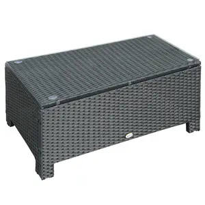 Outsunny Patio Furniture, Wicker Coffee Table, Hand-Woven PE Rattan Side Table with a Tempered Glass Top, 33.5" x 19.75", Black