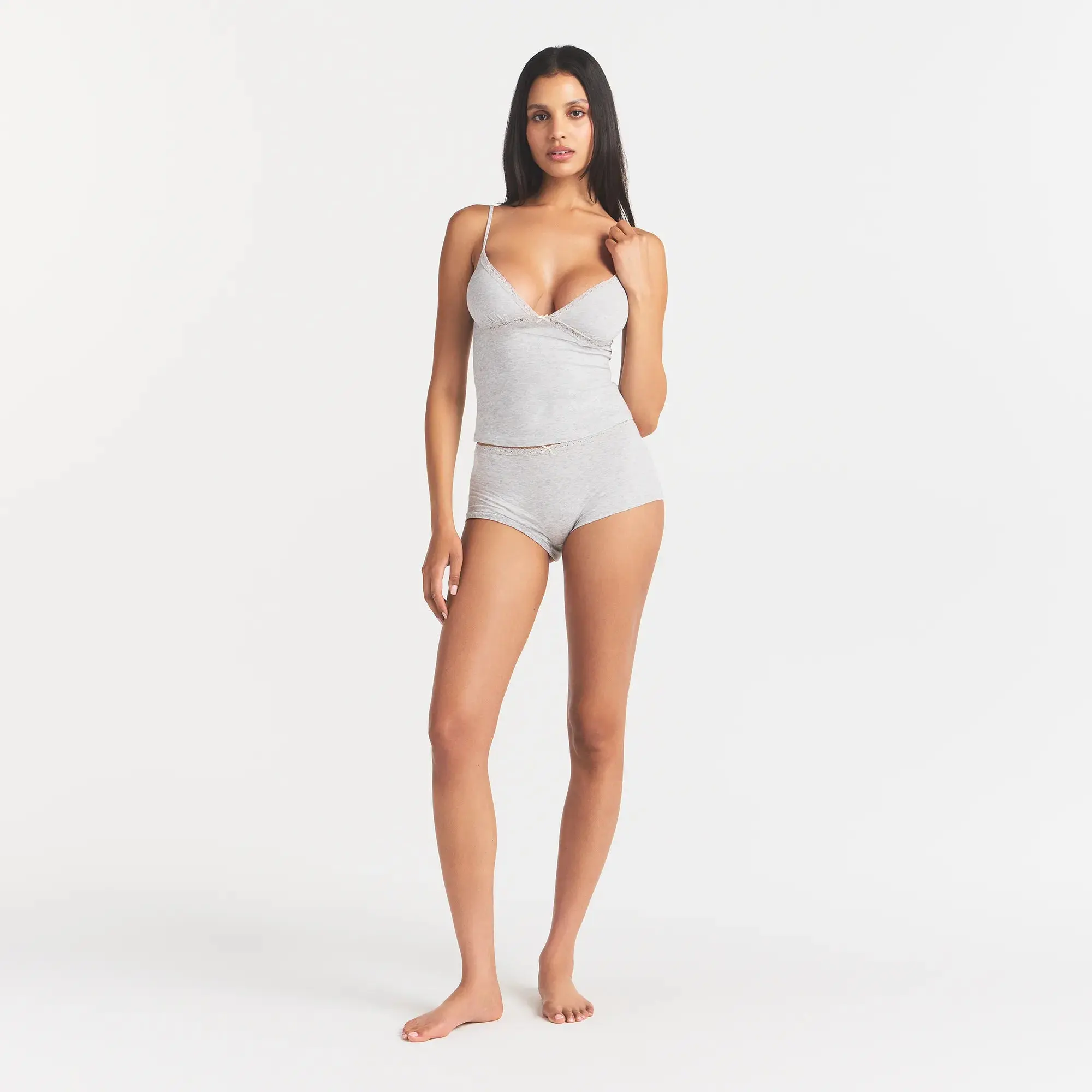 SKIMS LIGHTWEIGHT COTTON LACE CAMI AND BOY SHORT SET