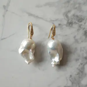 E505 White big baroqeu Pearl ear hook with S925
