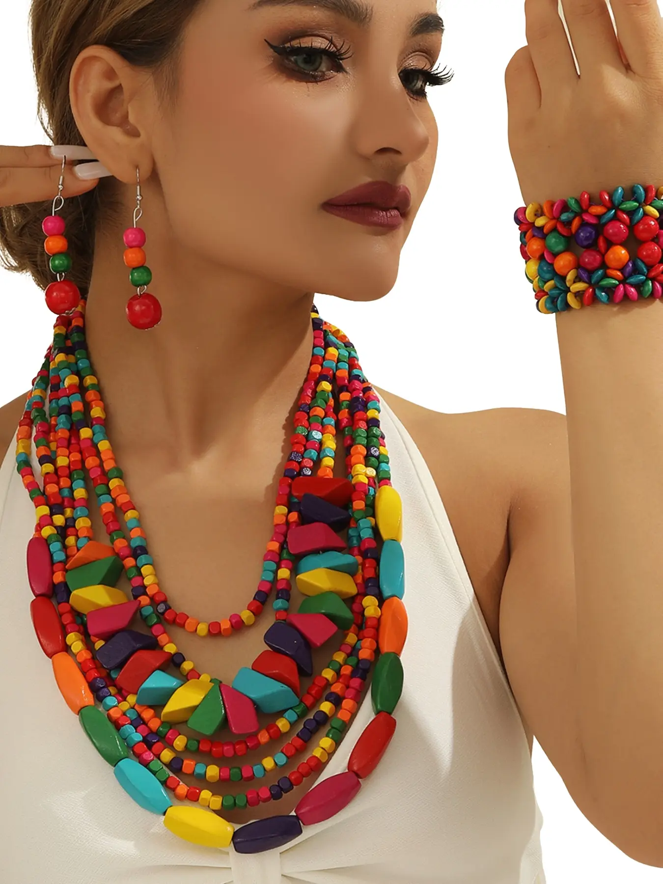 4-Piece Exquisite Wooden Bead Elegant Matching Jewelry Set, Fashionable Handmade Colorful Accessories, Layered Necklace, Earrings, and Bracelet for Special Occasions, Trendy Jewelry Set, Accessory Set