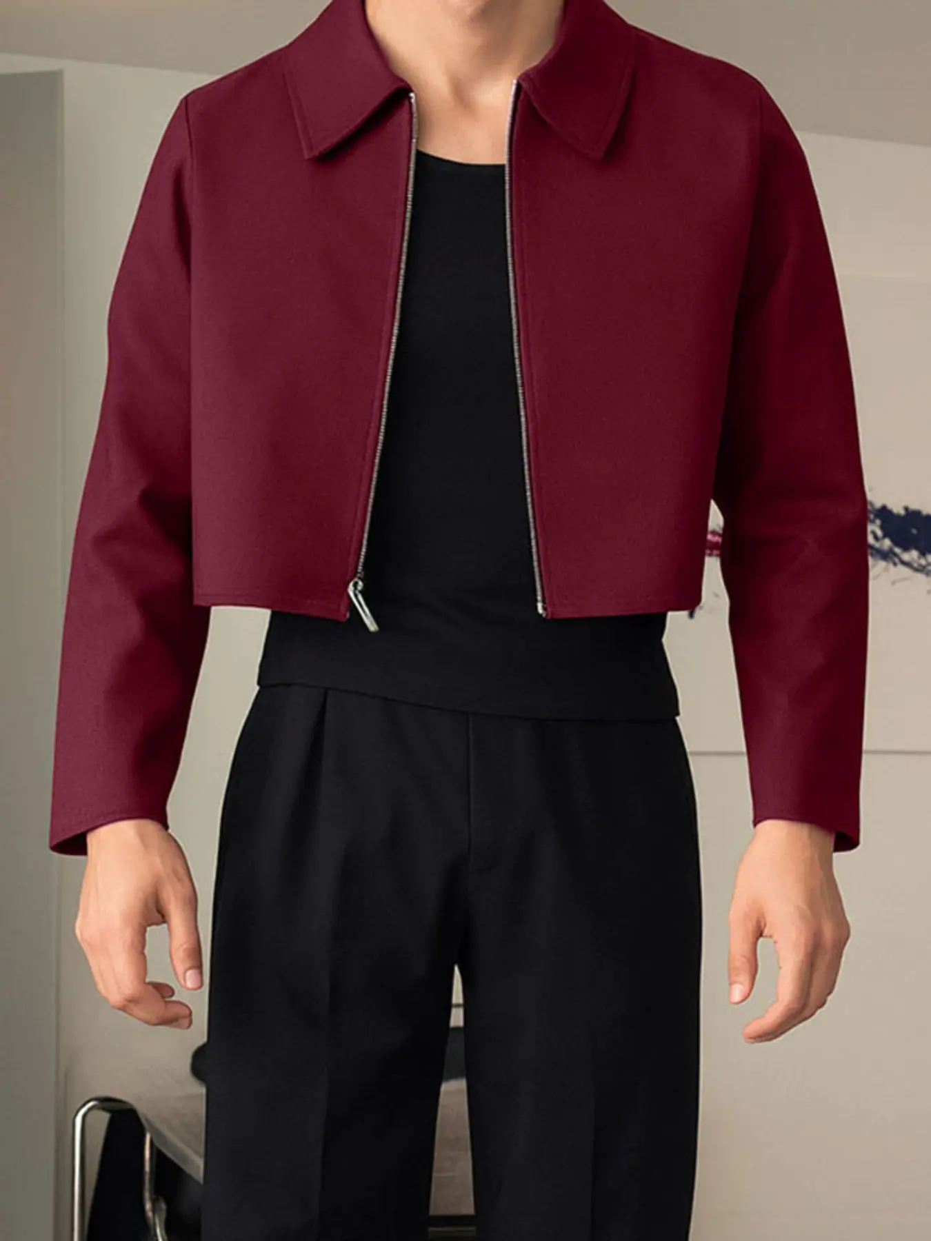 INCERUN Fashion Casual Style Menswear Coat New Men's Relaxed Fit Solid Cropped Zipper Jackets Handsome Male All-match Long Sleeved Jackets Workwear Casual Fashionable Jacket