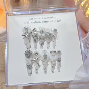 Y2K White & Silver Charm Stiletto Press-On Nails casual outing salon-quality finish