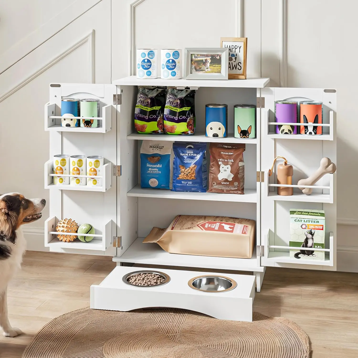 Modern Dog Feeding Station with Feeding Bowls,31.7"  Adjustable Shelves, Pet Organizers, House Organizers, Storage Cabinet for Cats & Dogs – White Indoor Floor Cupboard