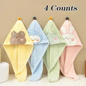 Cute Cartoon Animal Design Rabbit Hair Drying Towel, 4 Counts/set Soft Water Absorbent Hair Towel Wrap, Bathroom Supplies for Home, Travel & Shower