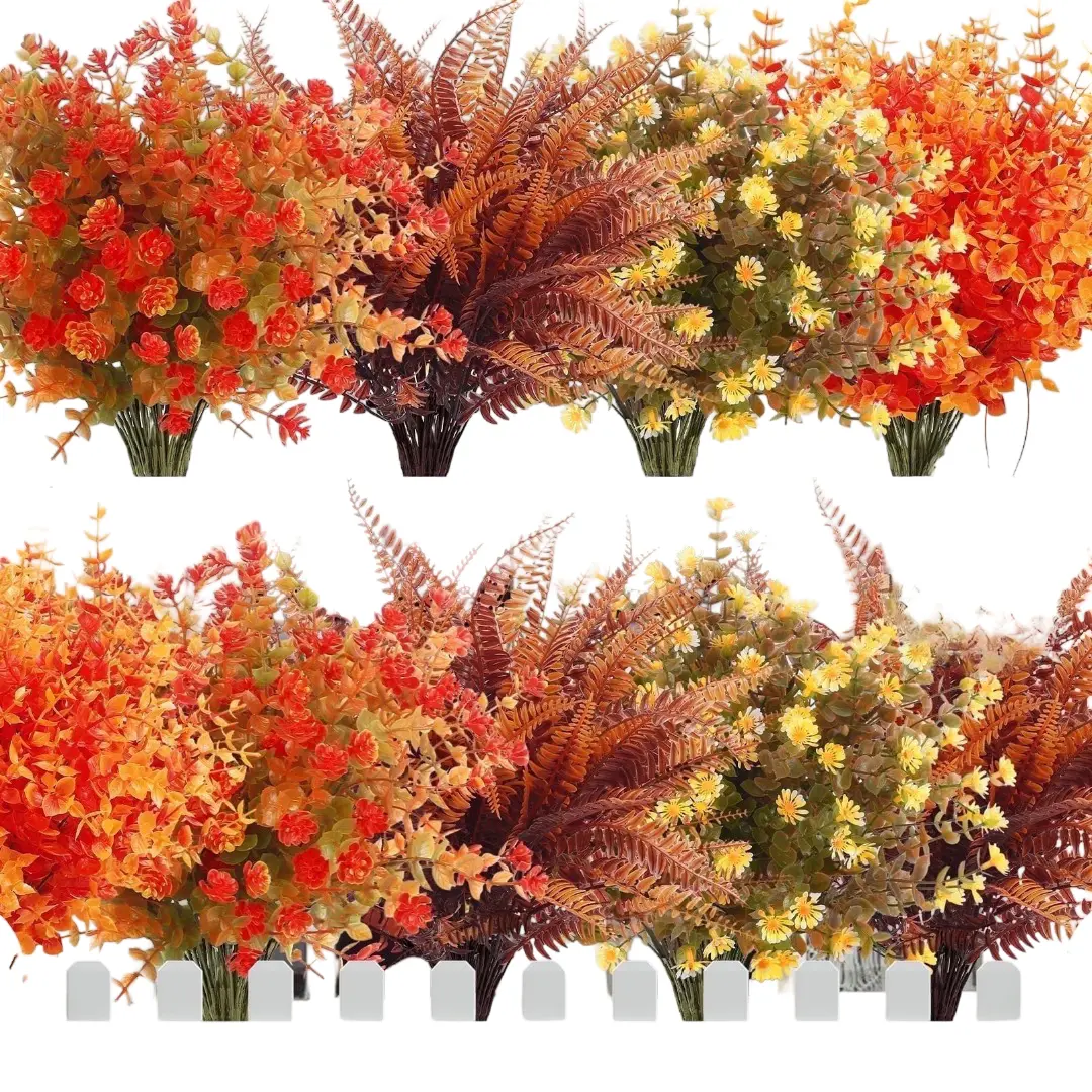 24 Bundles Artificial Fall Flowers for Outdoor Planters, Faux Autumn Floral Bushes for Porch Garden Patio Harvest Seasonal Decor
