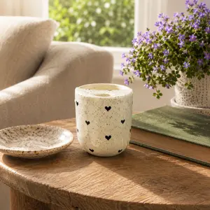 Handmade Ceramic travel Mug with Heart Design Unique Handpainted Clay Cup Food Grade Material Perfect Gift for Coffee and Tea Lovers Eco Friendly Washable Reusable Tumbler for Everyday Use
