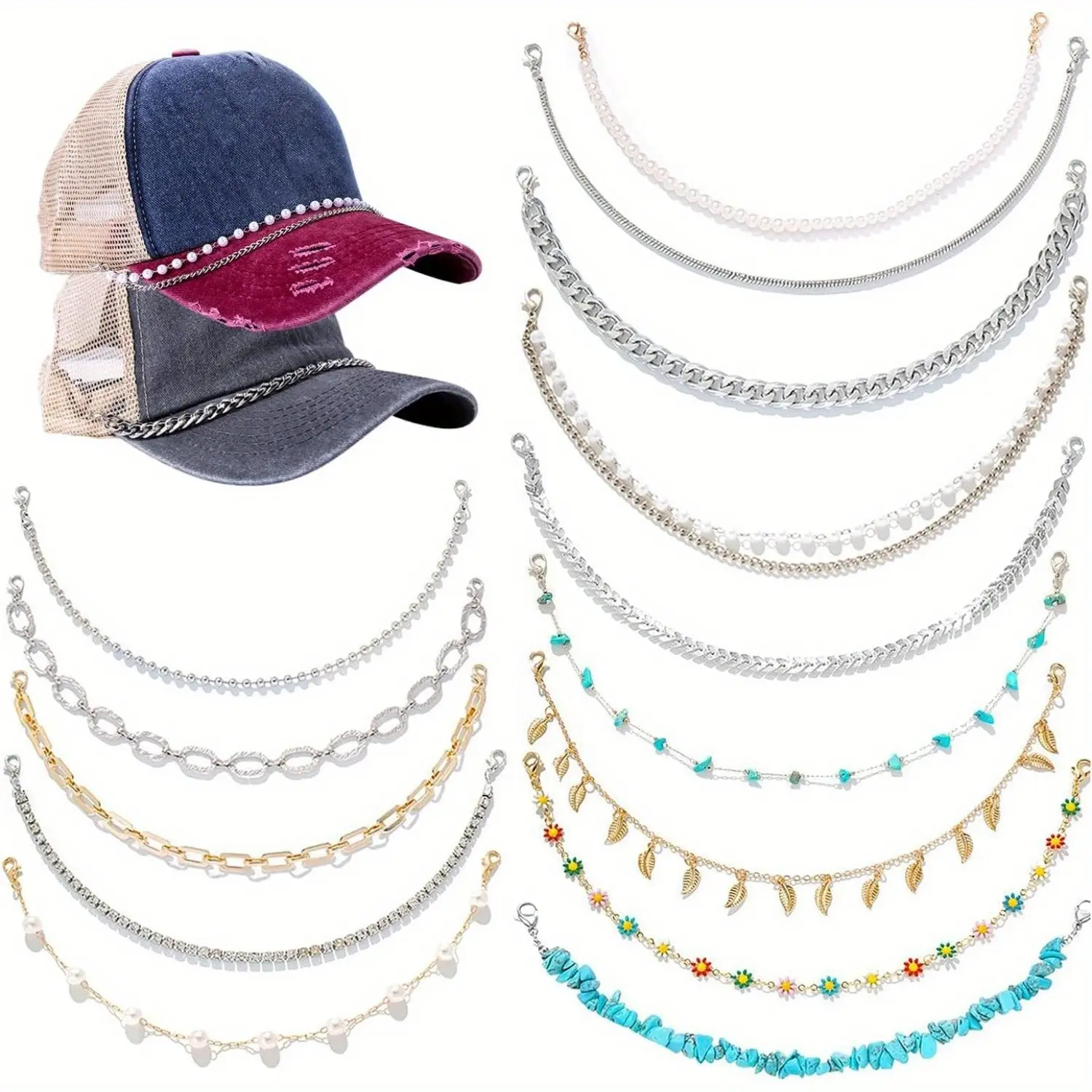 14PCS Hat Chains for Women Trucker Hat, Detachable Metal Turquoise Pearl Flower Diamond Leaves Hat Chains, DIY Bill Decoration for Mesh Baseball Cap Trucker Hat Accessories,Hat Decoration,Floral Hat Chains