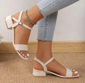 Off white leather clean temperament new coarse heel sandals