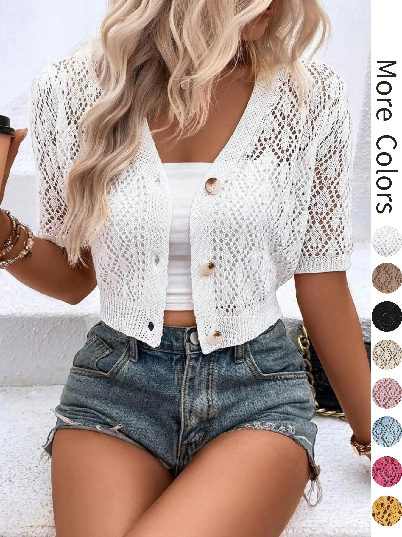 Women's V Neck Plain Hollow Out Button Front Knit Cardigan, Casual Spring Summer Short Sleeve Lightweight Short Cardigan, Women's Knitwear for Daily Wear, Knitting, Tops, Everyday