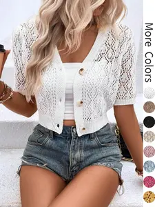 Women's V Neck Plain Hollow Out Button Front Knit Cardigan, Casual Spring Summer Short Sleeve Cute Lightweight Short Cardigan, Fashion Women's Knitwear for Daily Wear, Womenswear, Elegance, Summer Tops for Women, Short Sleeve Cardigan for Women